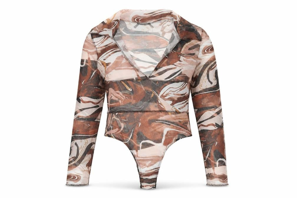 PRETTYLITTLETHING Womens Brown Geometric Polyester Bodysuit One-Piece Size 16 Snap