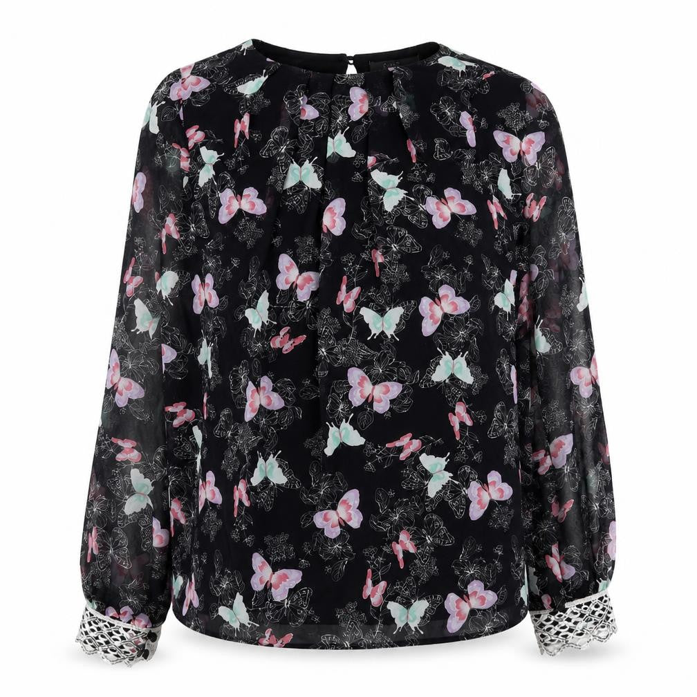 South Womens Black Geometric Polyester Basic Blouse Size 8 Round Neck - Butterfly