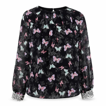 South Womens Black Geometric Polyester Basic Blouse Size 8 Round Neck - Butterfly