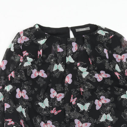 South Womens Black Geometric Polyester Basic Blouse Size 8 Round Neck - Butterfly