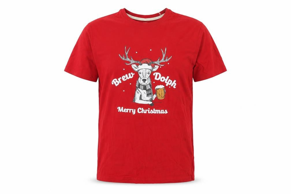 Marks & Spencer Mens Red Cotton T-Shirt Size S Round Neck - Merry Christmas Brew-Dolph Reindeer