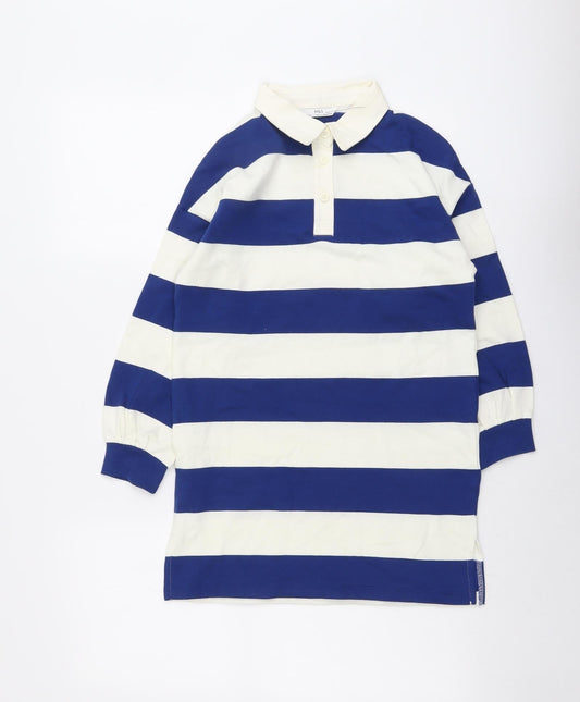Marks and Spencer Girls Blue Striped Cotton Pullover Sweatshirt Size 8-9 Years Button