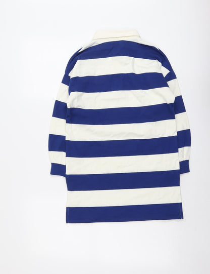 Marks & Spencer Girls Blue Striped Cotton Pullover Sweatshirt Size 8-9 Years Button