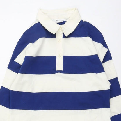 Marks & Spencer Girls Blue Striped Cotton Pullover Sweatshirt Size 8-9 Years Button