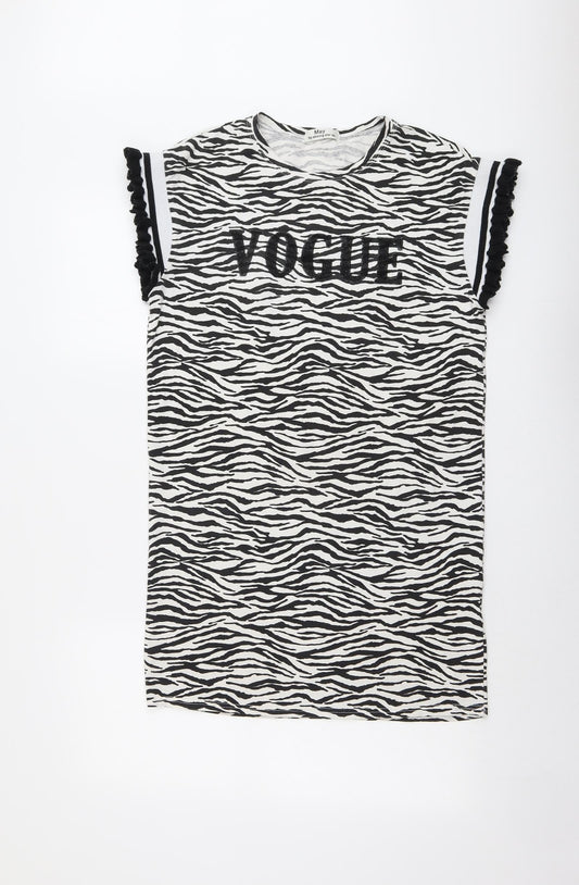 May Womens Black Animal Print Cotton A-Line Size M Round Neck Pullover - Zebra Pattern Vogue Size M-L