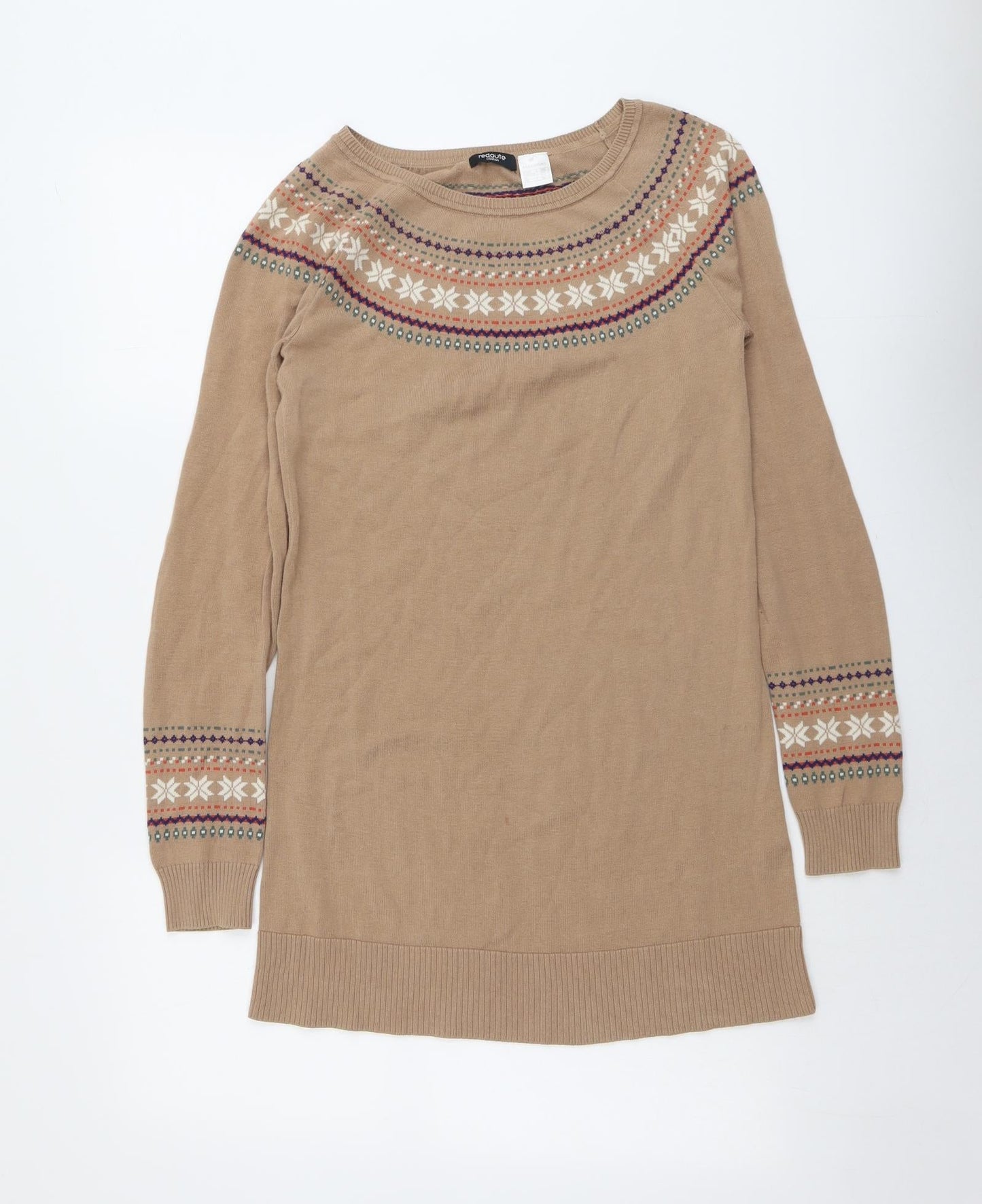 La Redoute Womens Beige Fair Isle Cotton Jumper Dress Size 8 Round Neck Pullover