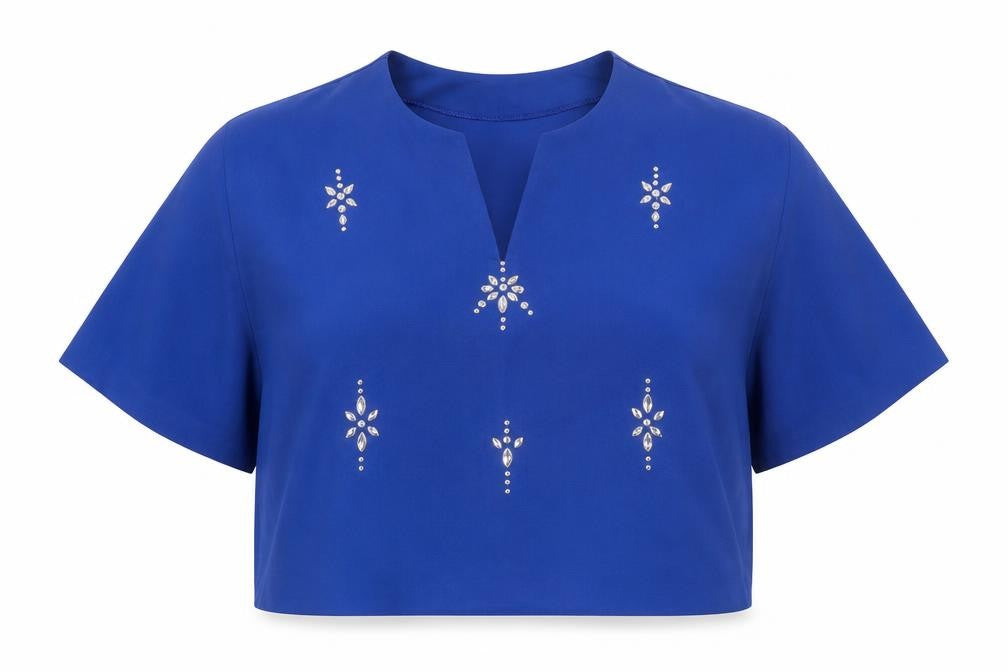 Moda Orange Womens Blue Polyester Cropped Blouse Size 14 V-Neck - Embellished