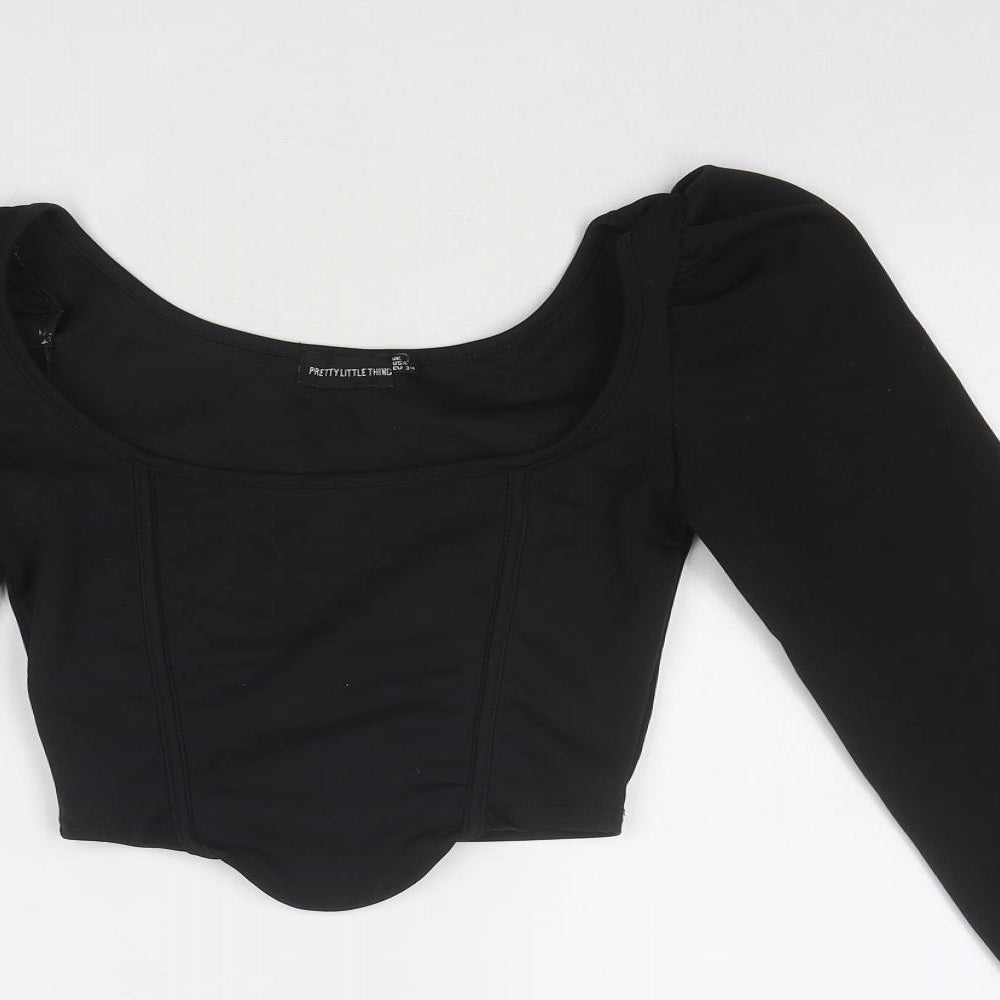 PRETTYLITTLETHING Womens Black Polyester Cropped Blouse Size 6 Boat Neck