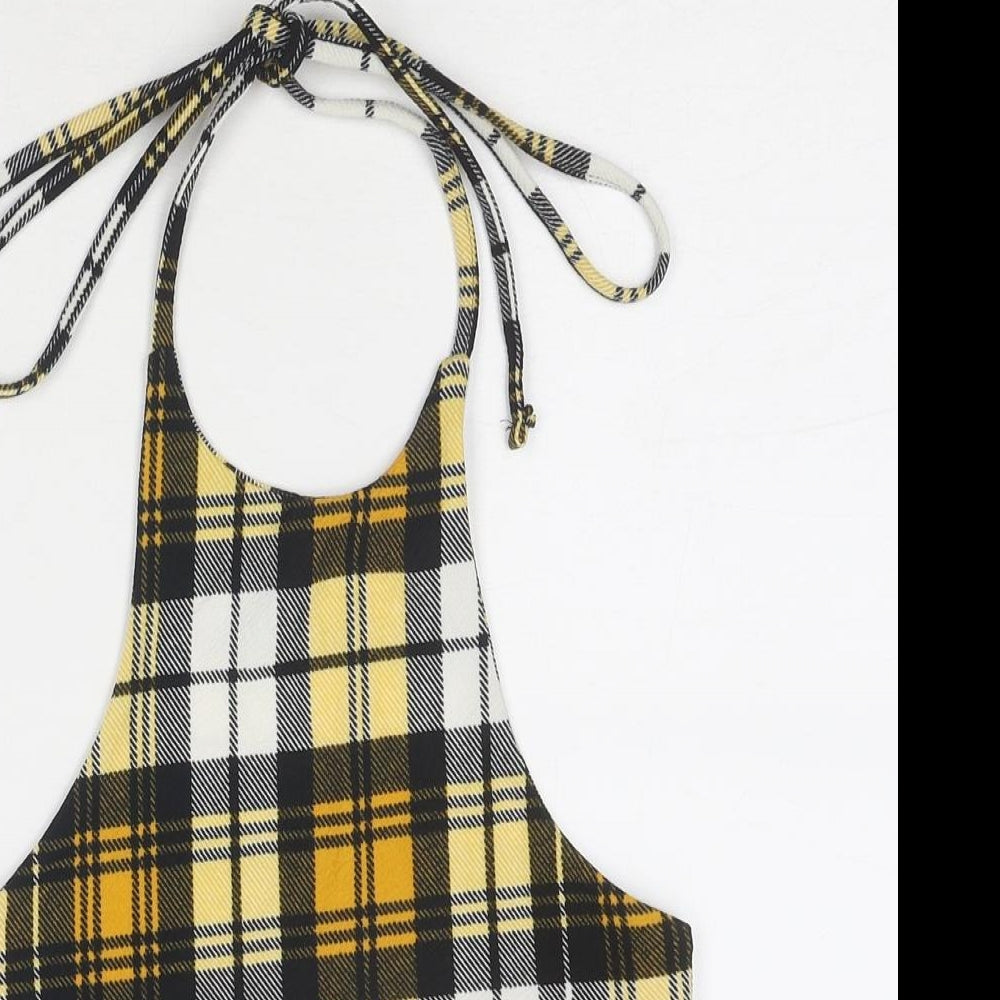 PRETTYLITTLETHING Womens Black Plaid Polyester Cropped Tank Size 8 Halter