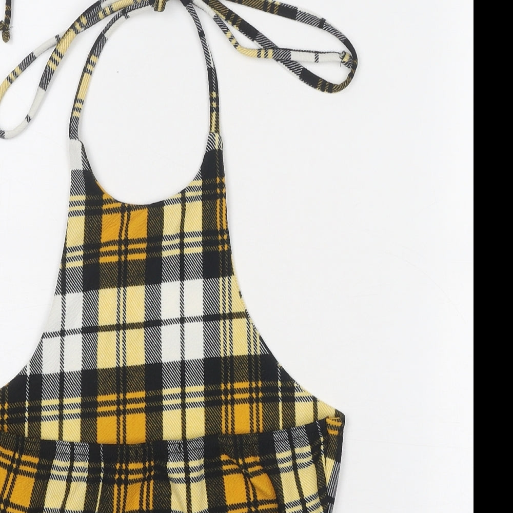 PRETTYLITTLETHING Womens Black Plaid Polyester Cropped Tank Size 8 Halter