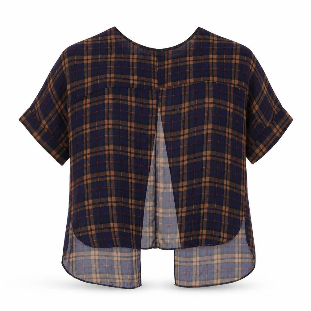 Topshop Womens Blue Plaid Polyester Basic Blouse Size 6 Boat Neck - Open Back