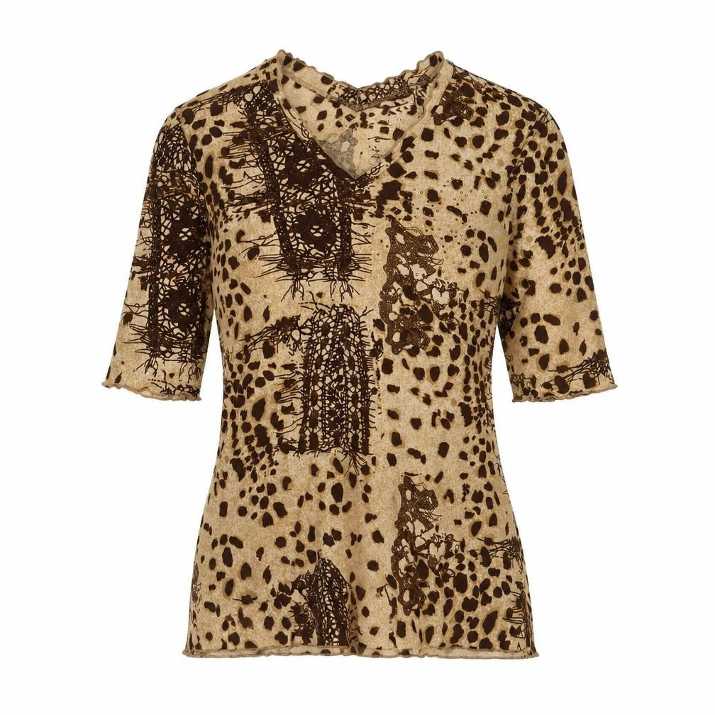 Gerry Weber Womens Brown Geometric Polyester Basic T-Shirt Size 16 V-Neck