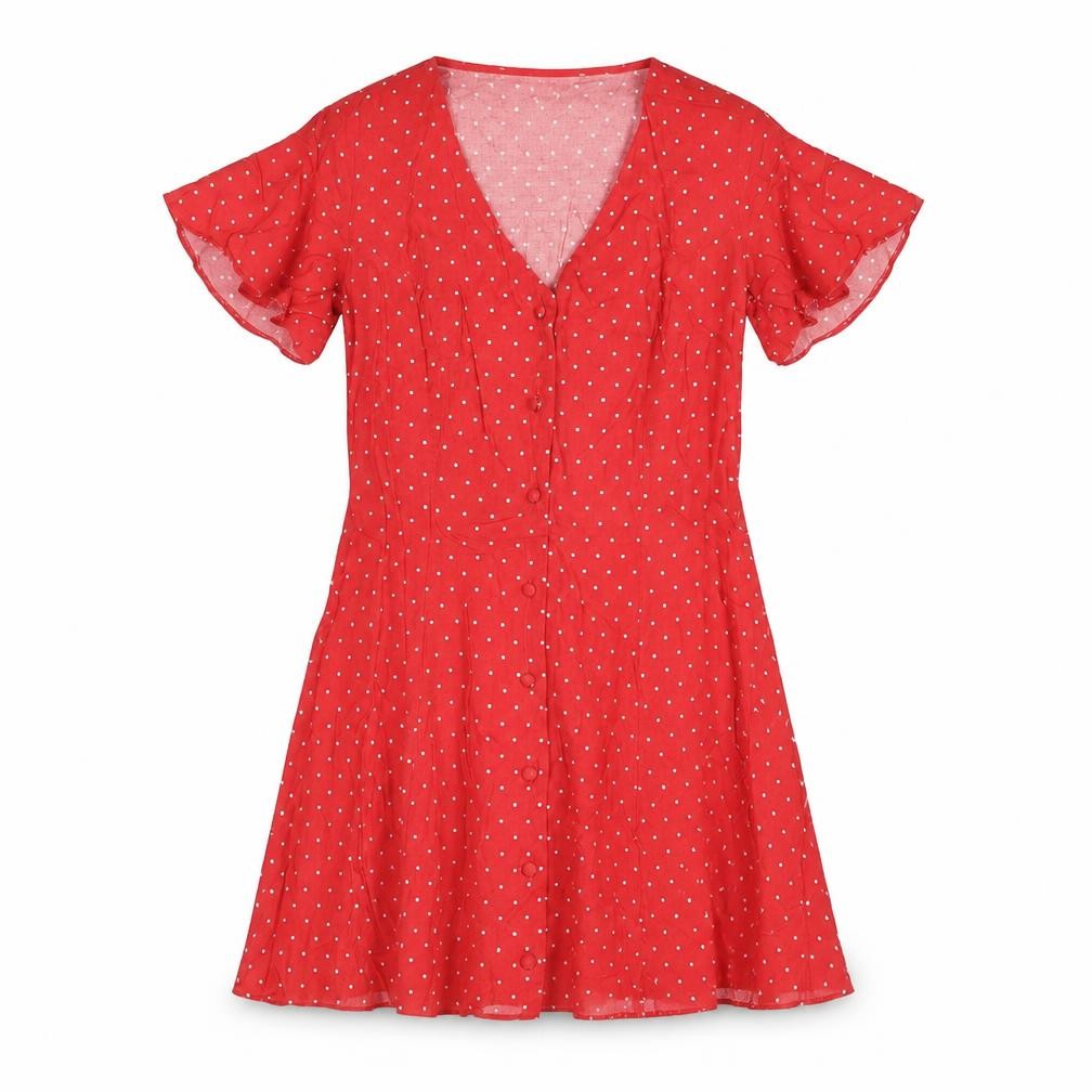 Miss Selfridge Womens Red Polka Dot Viscose A-Line Size 6 V-Neck Button