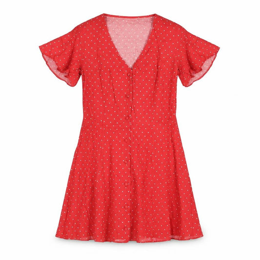 Front view of Miss Selfridge women’s red polka dot viscose a-line, size UK 6, v-neck button