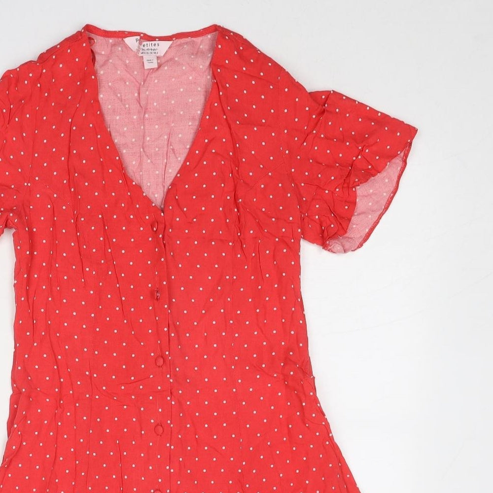 Miss Selfridge Womens Red Polka Dot Viscose A-Line Size 6 V-Neck Button