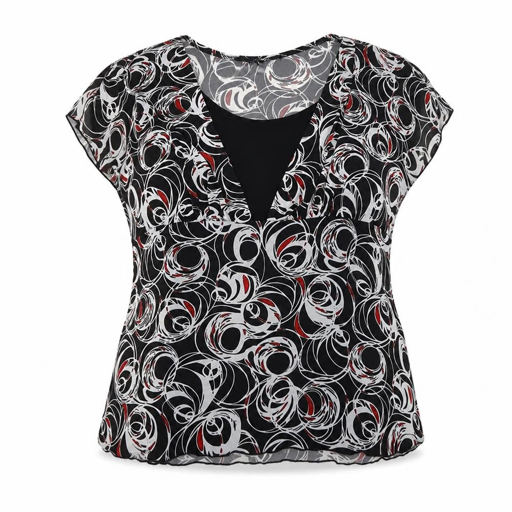 Saloos Womens Black Geometric Polyester Basic Blouse Size XL Round Neck