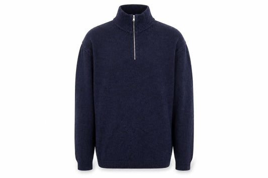 Front view of ASOS men’s blue high neck cotton jumper, size XL, long sleeve