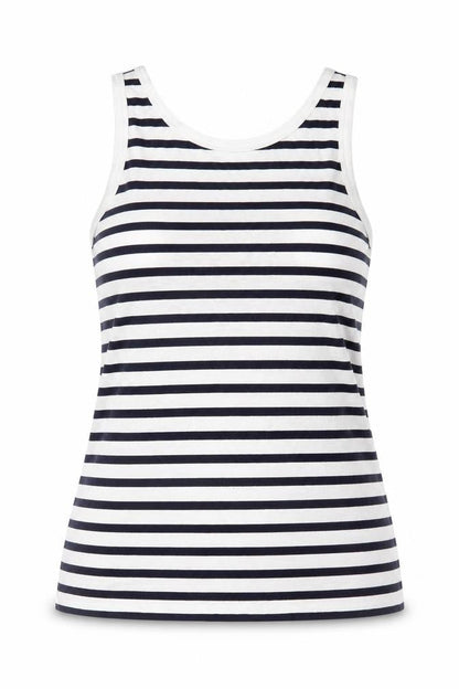 Front view of ASOS women’s white striped viscose basic tank, size UK 6, round neck