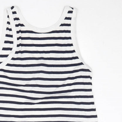 Close-up detail of ASOS women’s white striped viscose basic tank, size UK 6, round neck