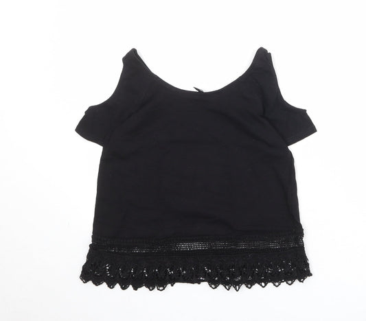 New Look Womens Black Herringbone 100% Cotton Basic Blouse Size 6 Round Neck - Cold Shoulder, Lace Detail