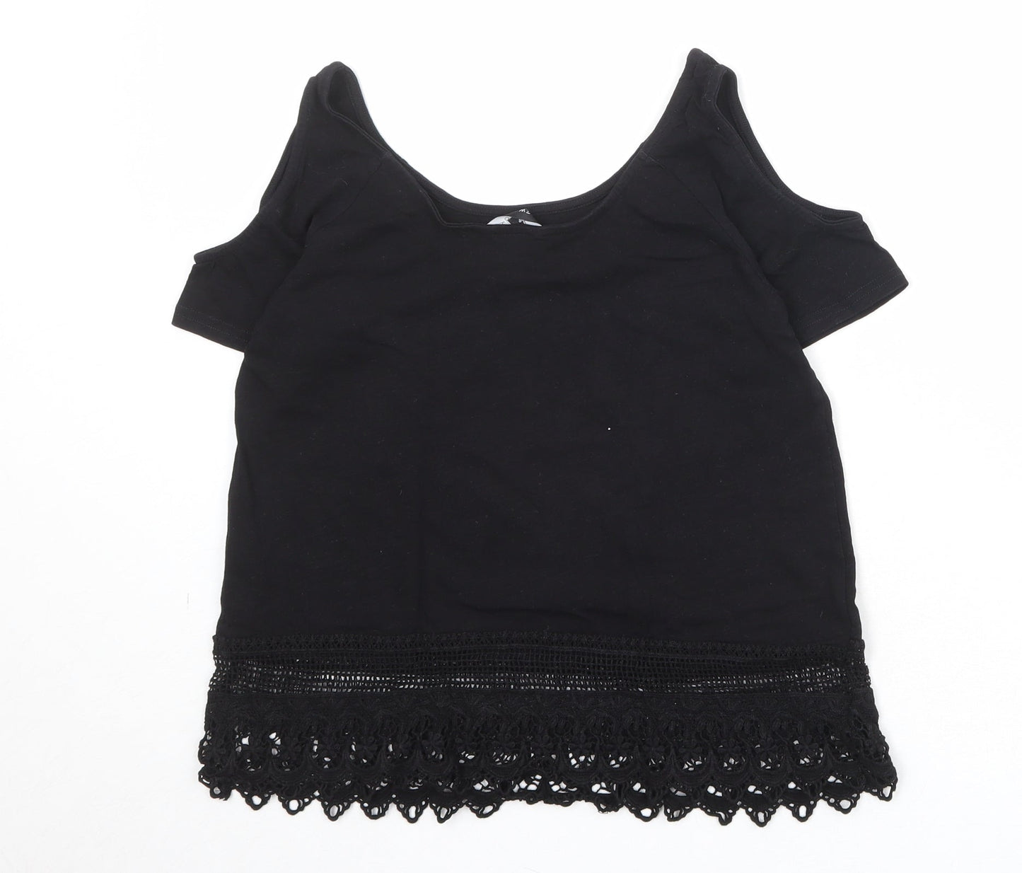 New Look Womens Black Herringbone 100% Cotton Basic Blouse Size 6 Round Neck - Cold Shoulder, Lace Detail
