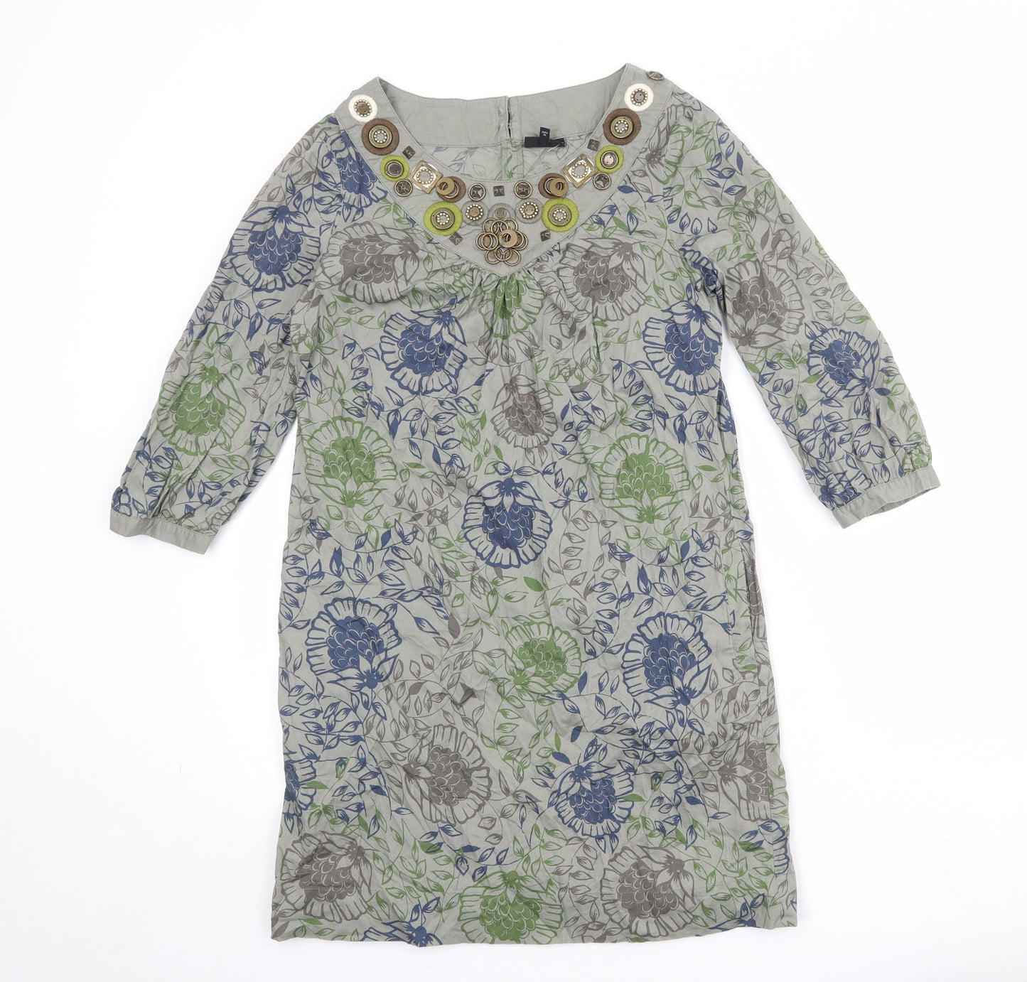 NEXT Womens Multicoloured Geometric 100% Cotton A-Line Size 10 Boat Neck Button - Embellished Neckline