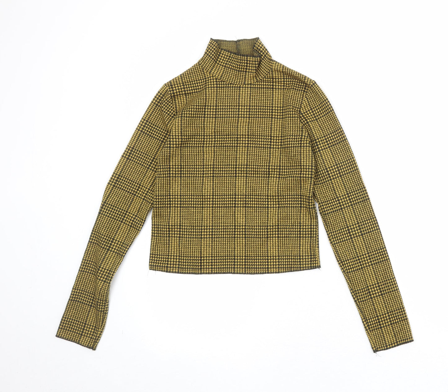 Bershka Womens Yellow Check Polyester Basic T-Shirt Size S High Neck