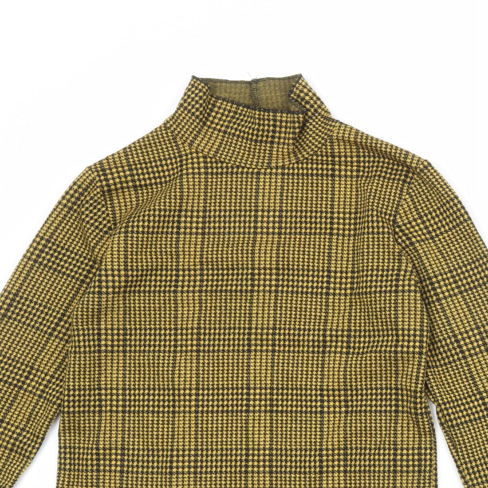 Bershka Womens Yellow Check Polyester Basic T-Shirt Size S High Neck