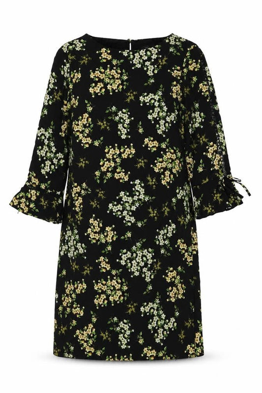 M&Co Womens Black Floral Polyester A-Line Size 12 Round Neck Button