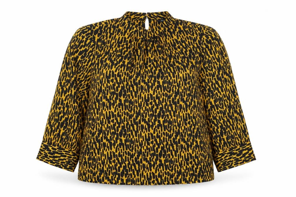 M&Co Womens Yellow Geometric Polyester Basic Blouse Size 12 Mock Neck