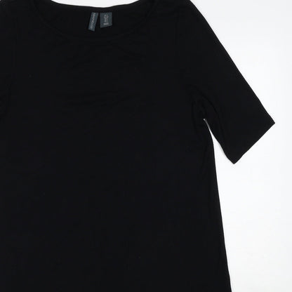 Close-up detail of Paraphrase women’s black polyester skater dress, size S, round neck pullover