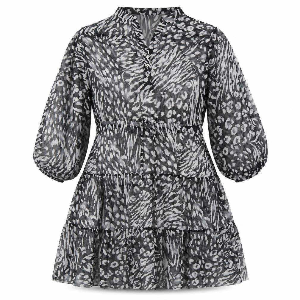 Oasis Womens Black Animal Print Polyester A-Line Size S V-Neck Drawstring - Sheer