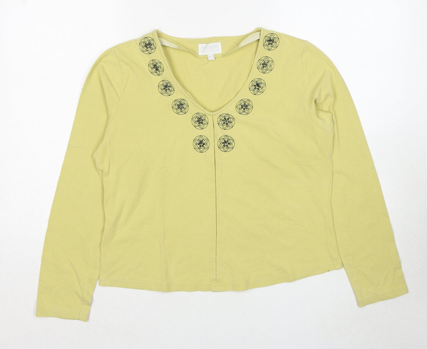 Offshoot Womens Yellow Cotton Basic T-Shirt Size L V-Neck