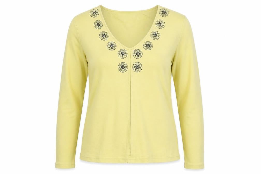 Offshoot Womens Yellow Cotton Basic T-Shirt Size L V-Neck