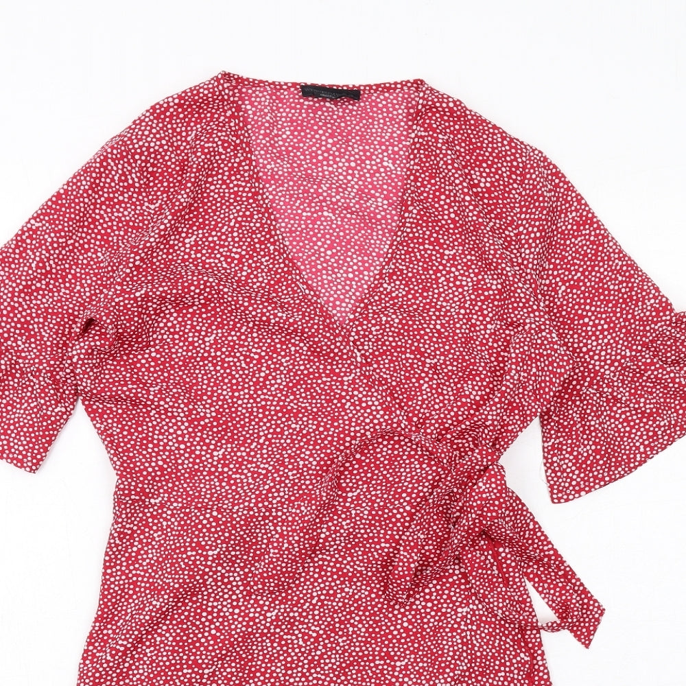 Wednesday's Girl Womens Red Polka Dot Polyester Wrap Dress Size S V-Neck Tie