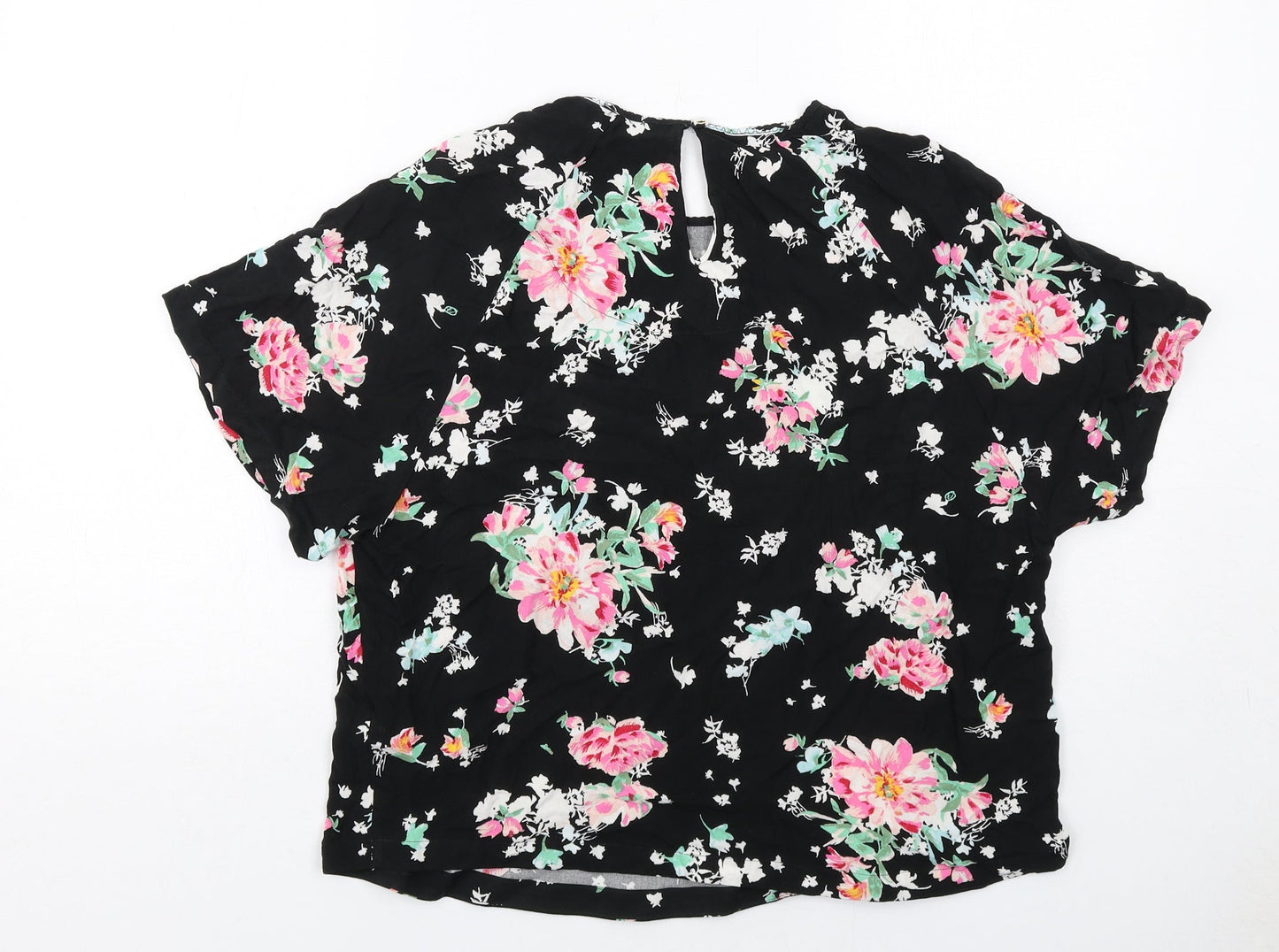 Marks and Spencer Womens Black Floral Viscose Basic Blouse Size 14 Round Neck