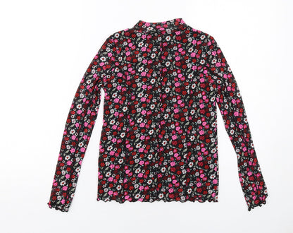 Back view of Marks & Spencer girls’ black floral polyester basic t-shirt, size 10-11, years mock neck pullover