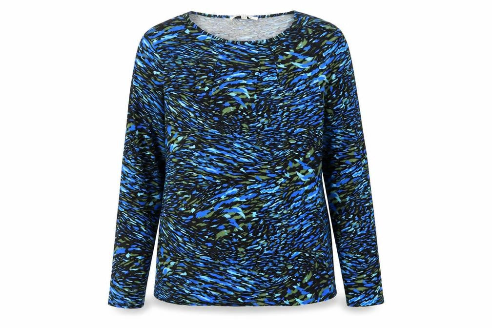 Annabelle Womens Blue Geometric Viscose Basic T-Shirt Size 14 Boat Neck