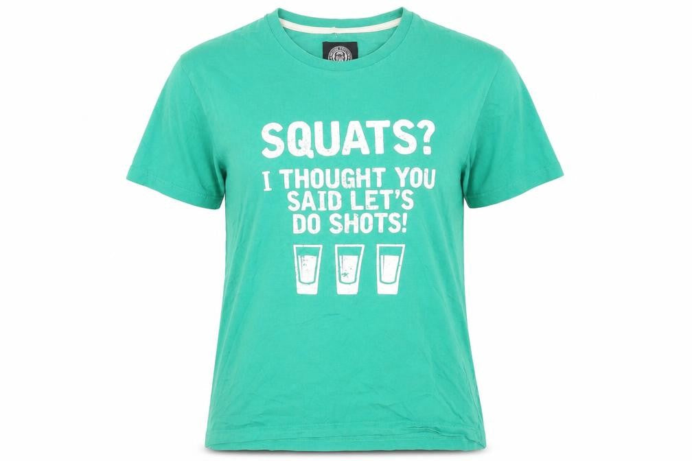 Obscene Clothing Womens Green Cotton Basic T-Shirt Size L Round Neck - Squats? Shots Slogan