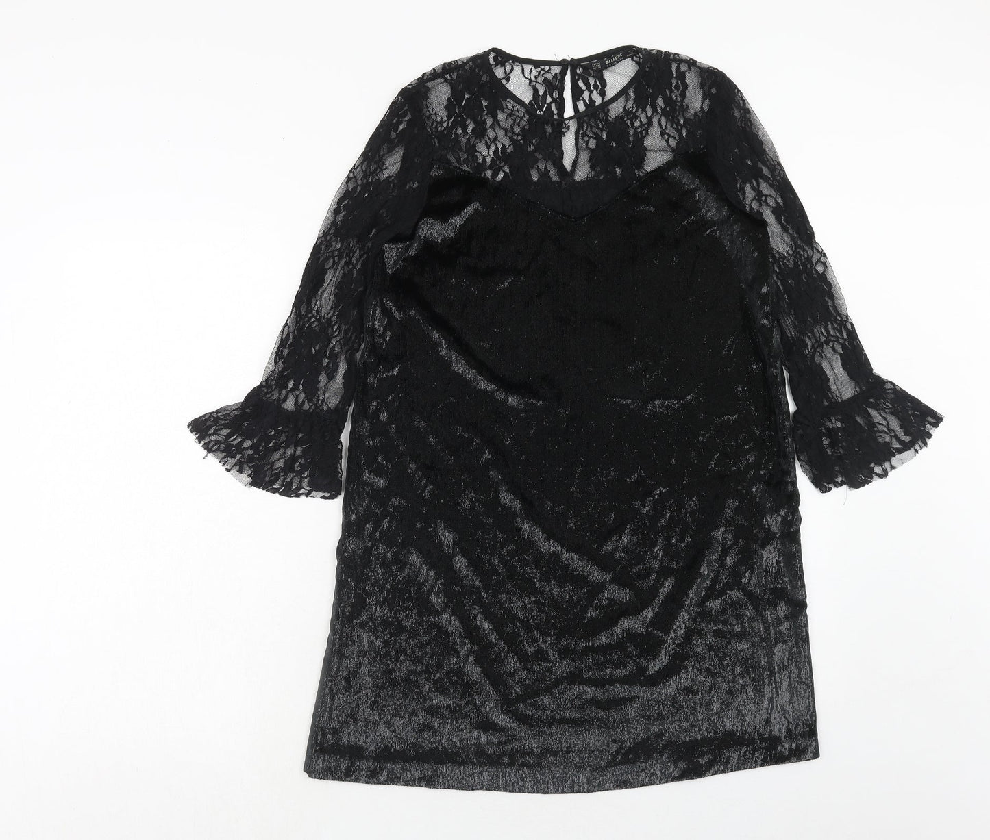 Zara Womens Black Polyester A-Line Size XS Boat Neck Button - Lace Top
