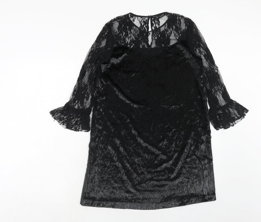 Zara Womens Black Polyester A-Line Size XS Boat Neck Button - Lace Top