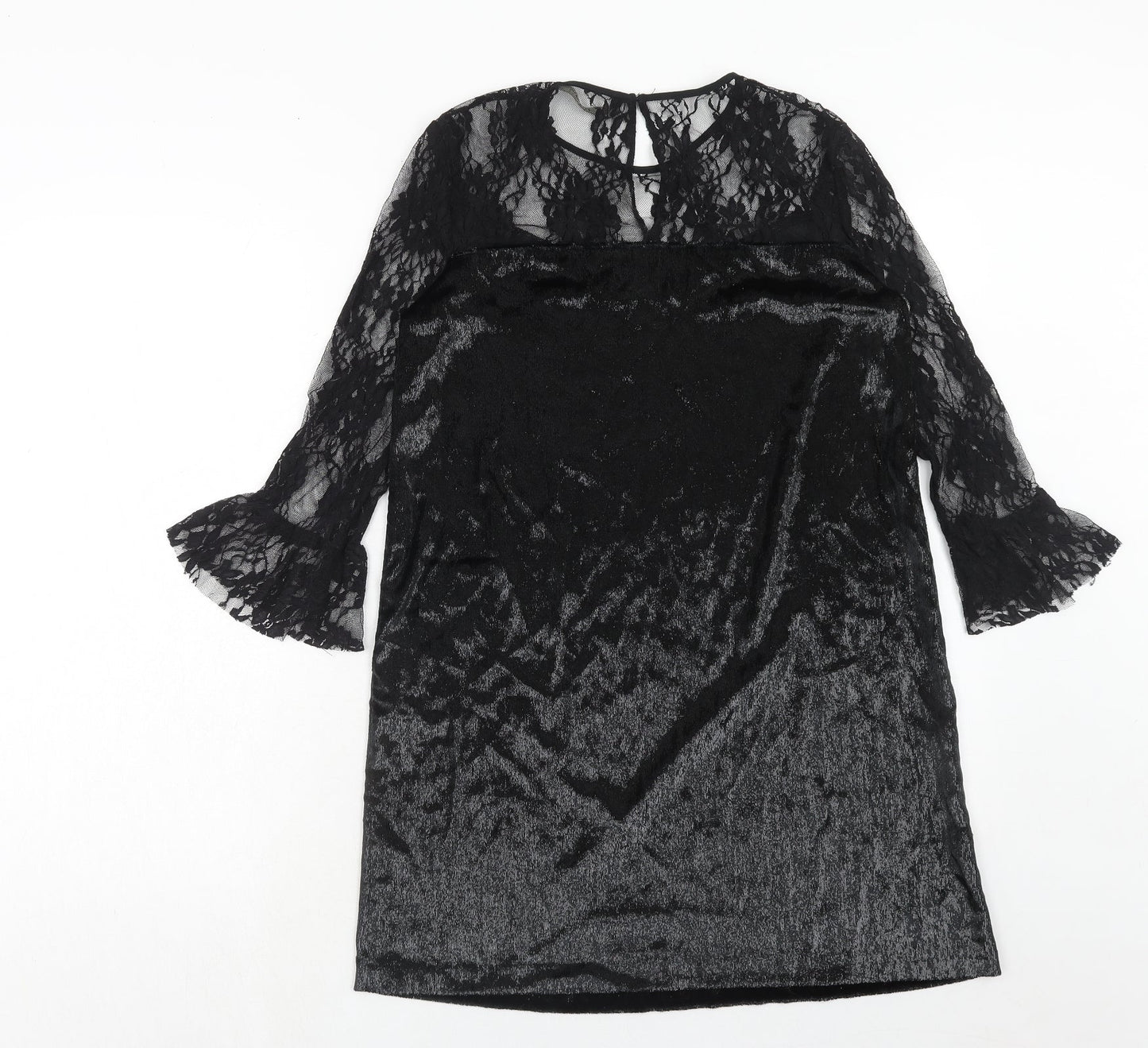 Zara Womens Black Polyester A-Line Size XS Boat Neck Button - Lace Top