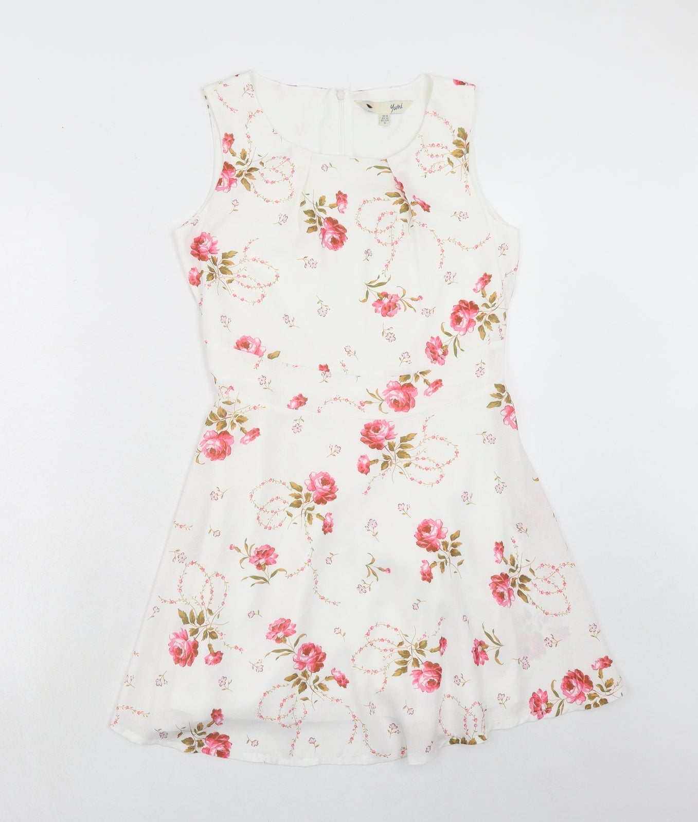 Yumi Womens White Floral Polyester A-Line Size 10 Boat Neck Zip