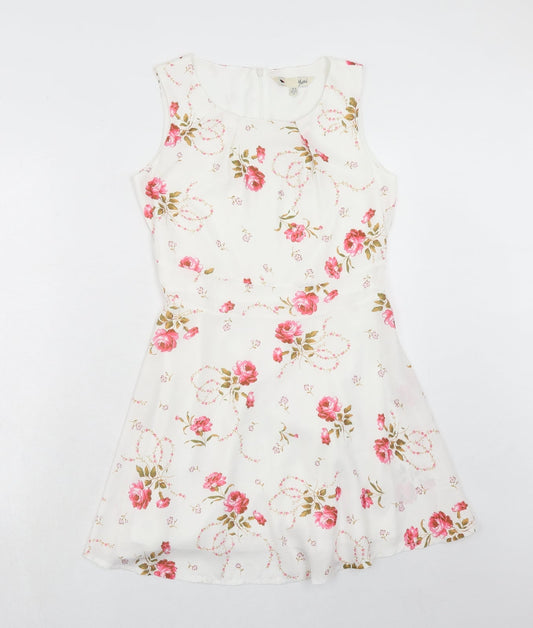 Yumi Womens White Floral Polyester A-Line Size 10 Boat Neck Zip