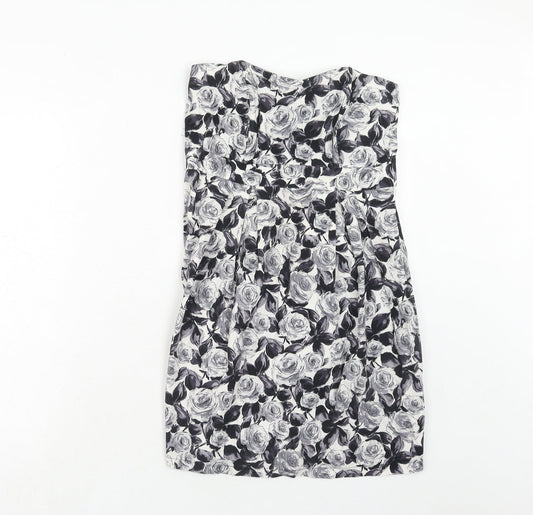 Dorothy Perkins Womens Grey Floral Cotton A-Line Size 12 Off the Shoulder Zip