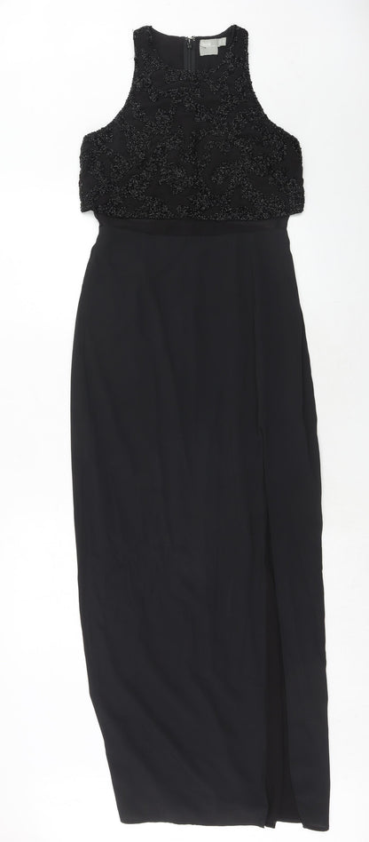 Additional front view of ASOS women’s black polyester maxi, size UK 8, round neck zip