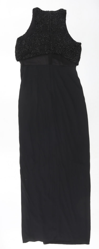 Back view of ASOS women’s black polyester maxi, size UK 8, round neck zip