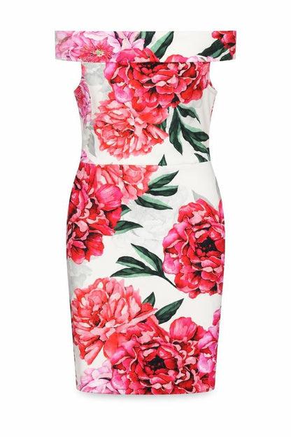 Front view of Paraphrase women’s pink floral polyester bodycon, size S, off the shoulder zip