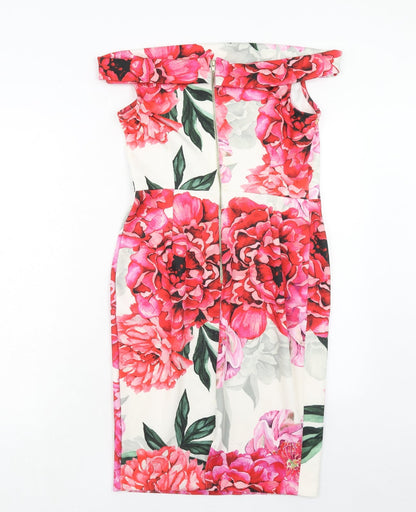 Back view of Paraphrase women’s pink floral polyester bodycon, size S, off the shoulder zip