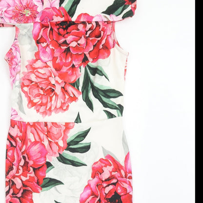 Close-up detail of Paraphrase women’s pink floral polyester bodycon, size S, off the shoulder zip
